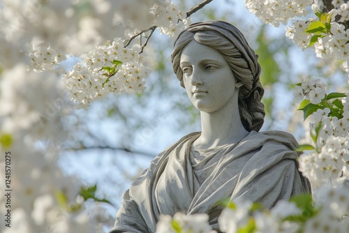 Blossoming Trees Frame the Monument to the Forefathers: A Historical Sculpture of Religion and Art in a Serene Garden Setting