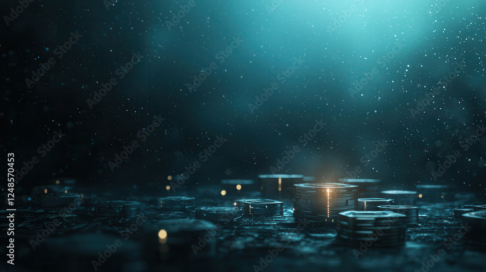 Mysterious coins illuminated in dark, misty environment create intriguing atmosphere Mysterious coins illuminated in dark, misty environment create intriguing atmosphere