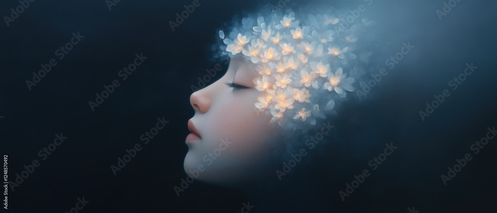 a portrait of a serene individual surrounded by glowing flowers against a dark background a portrait of a serene individual surrounded by glowing flowers against a dark background