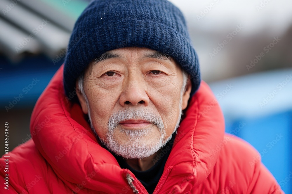 close-up portrait of an asian man wearing a winter hat and a red jacket close-up portrait of an asian man wearing a winter hat and a red jacket