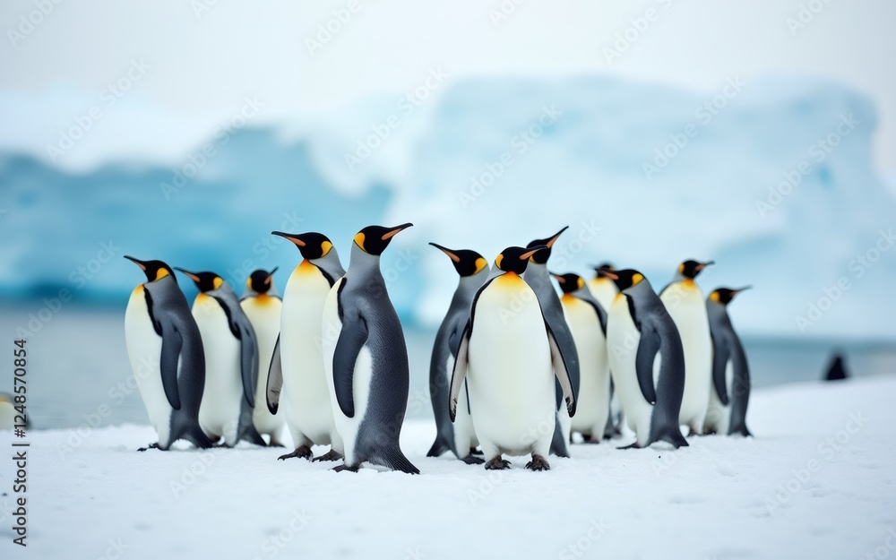 Obraz premium A group of elegant emperor penguins stands together on the snowy terrain, surrounded by icy blue formations.