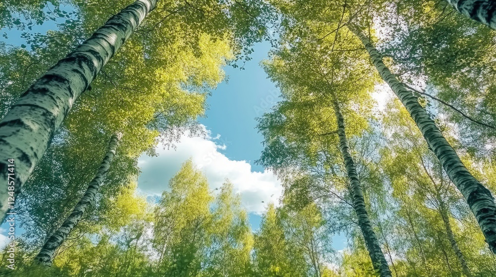 Fototapeta premium Realistic summer landscape with fresh green birch trees under a blue sky, panoramic forest background.