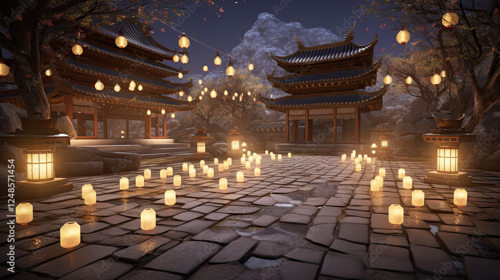 Obraz premium Serene Winter Night at a Snow Covered Temple Garden with Glowing Lanterns