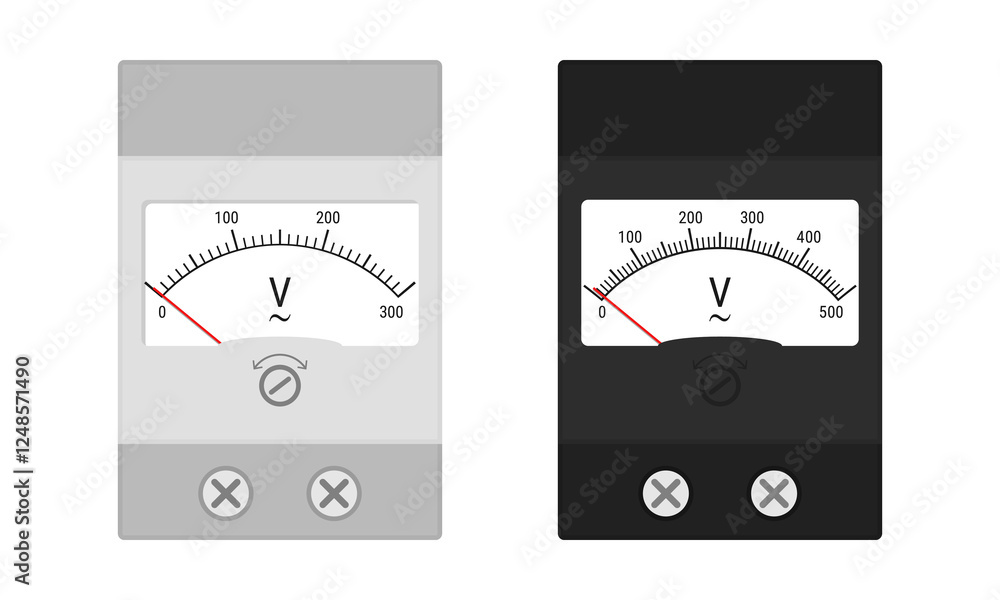 Analog voltmeter set. Flat style vector illustration isolated on white