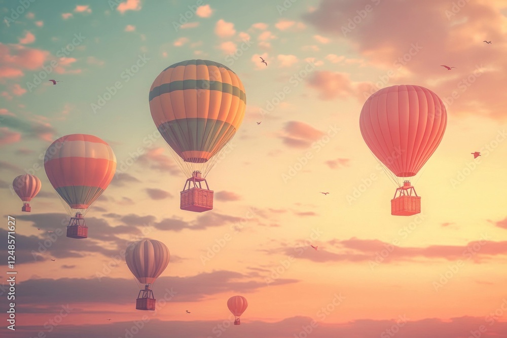 Fototapeta premium Hot air balloons in a pastel sky during sunset, creating a whimsical and dreamy atmosphere with soft colors