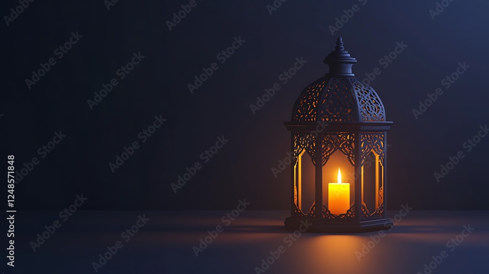Fototapeta premium Ornate Lantern Illuminates Dark Room With Candlelight