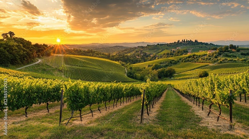 Naklejka premium Sunset Over Levizzano Rangone: A Serene Emilia Romagna Vineyard Landscape