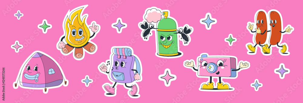 Obraz premium A set pack of groovy playful stickers. Collection of retro style cute characters for traveling and hiking