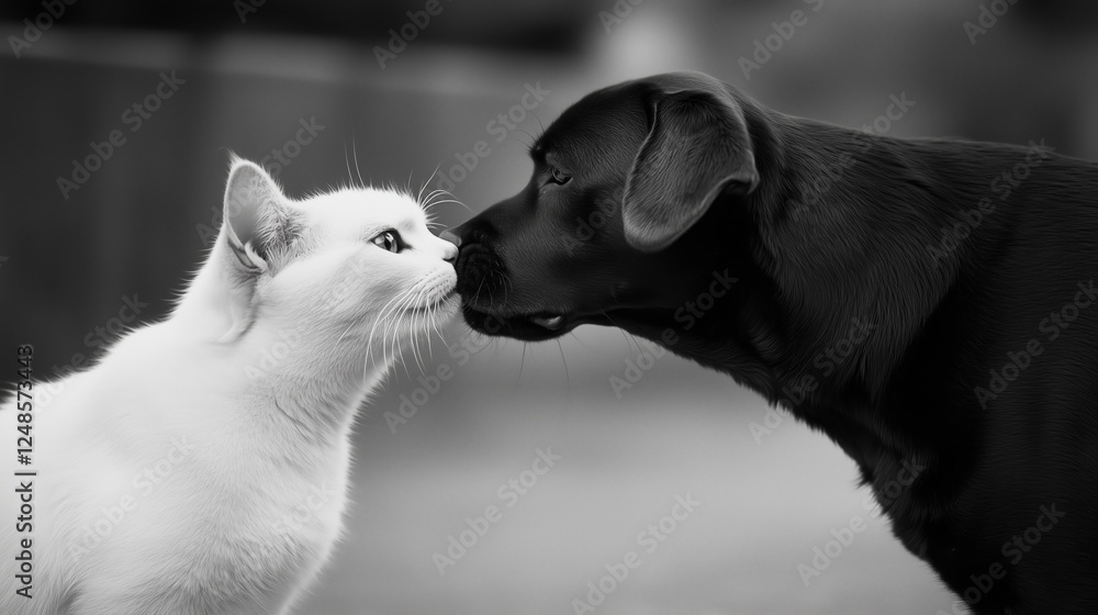 Gentle cat and dog touching noses in black and white, revealing a deep bond between unlikely animal companions through intimate, peaceful connection Gentle cat and dog touching noses in black and white, revealing a deep bond between unlikely animal companions through intimate, peaceful connection