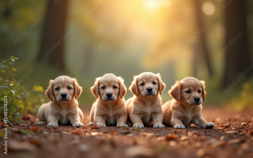 A group of four adorable golden retriever puppies playfully resting on a forest path. A group of four adorable golden retriever puppies playfully resting on a forest path.