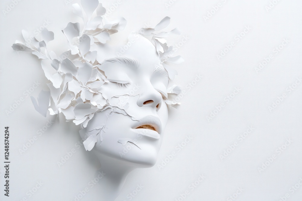 Naklejka premium white sculpted face with paper flowers
