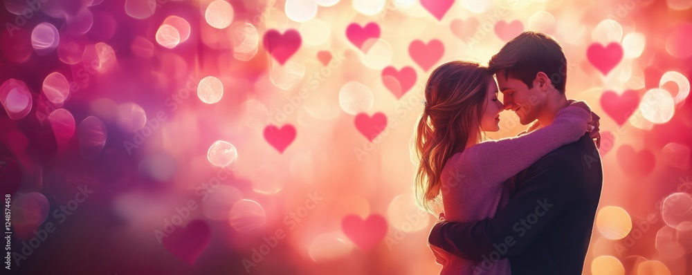 Romantic couple embracing with heart-shaped bokeh background, warm colors, intimate moment, copy space for text Romantic couple embracing with heart-shaped bokeh background, warm colors, intimate moment, copy space for text