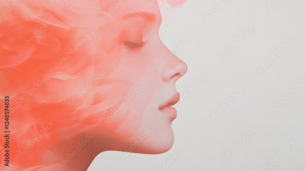 woman profile with flowing coral smoke effect woman profile with flowing coral smoke effect