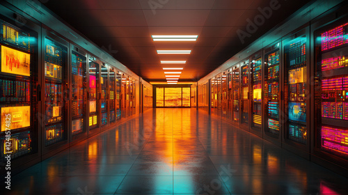 futuristic server farm with vibrant lights and advanced technology  showcasing rows of data servers and glowing screens