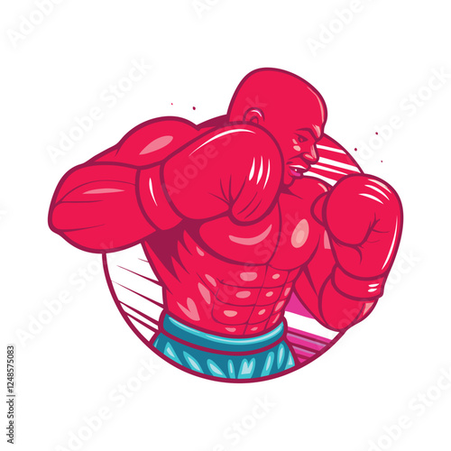A powerfully built boxer, in blue boxing shorts and red gloves, displays intense focus and readiness.  Sweat glistens on his muscular physique.