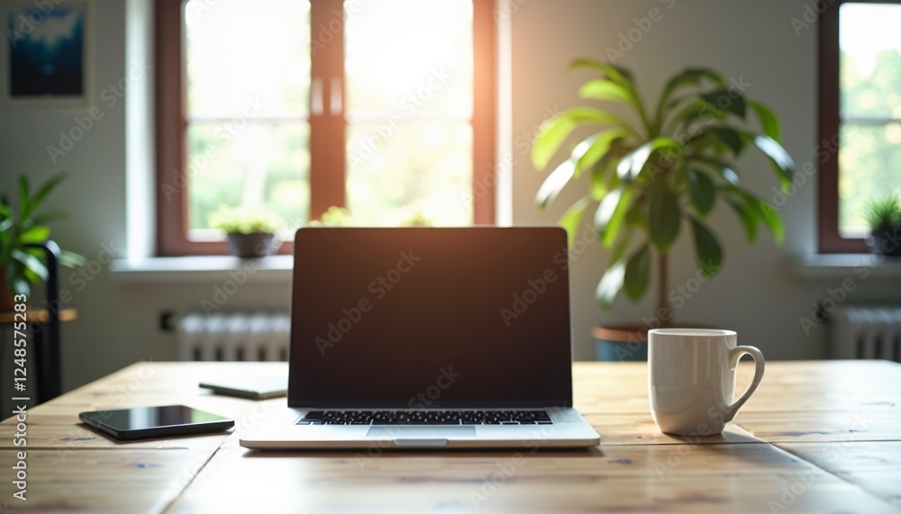 Bright Workspace with Laptop, Coffee Cup, and Green Plants Bright Workspace with Laptop, Coffee Cup, and Green Plants