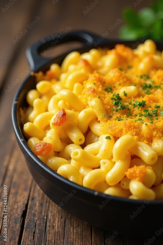 Golden mac and cheese in a baking dish on rustic wood , yellow, kitchen Golden mac and cheese in a baking dish on rustic wood , yellow, kitchen