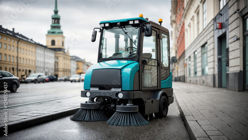 Street cleaning machine parked on a city street, with a church tower in the background.  photo