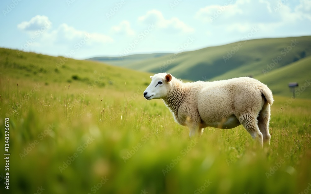 A solitary sheep grazes peacefully in a lush green meadow under a bright sky. A solitary sheep grazes peacefully in a lush green meadow under a bright sky.