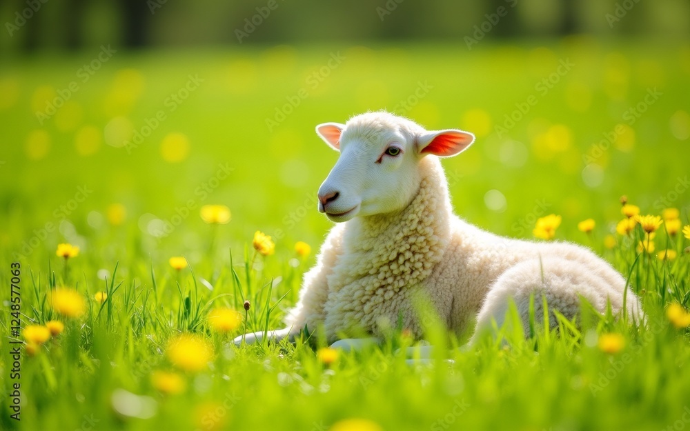 A fluffy sheep rests peacefully in a vibrant field filled with blooming yellow flowers. A fluffy sheep rests peacefully in a vibrant field filled with blooming yellow flowers.