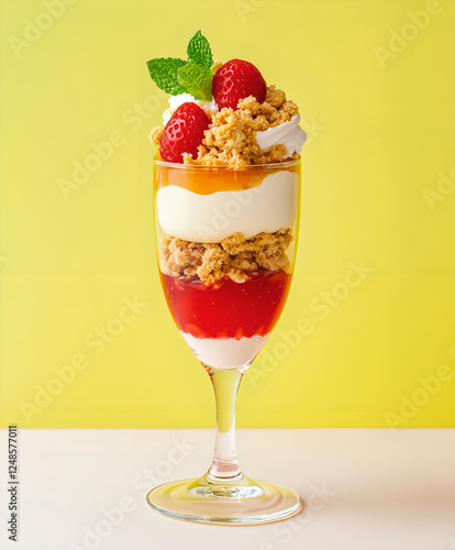 A beautifully crafted layered dessert in a tall glass, featuring pastel-colored layers and a swirl of whipped cream on top. Bright yellow background. Layered dessert, modern food presentation