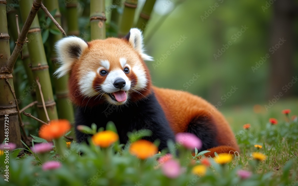 Obraz premium A playful red panda surrounded by colorful flowers in a lush green setting.
