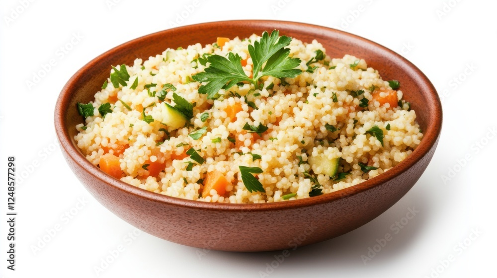Fresh couscous salad with vegetables and parsley in wooden bowl Fresh couscous salad with vegetables and parsley in wooden bowl