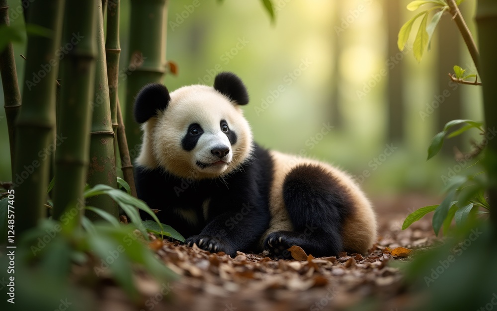 Obraz premium A playful panda cub resting amidst bamboo in a serene natural setting.