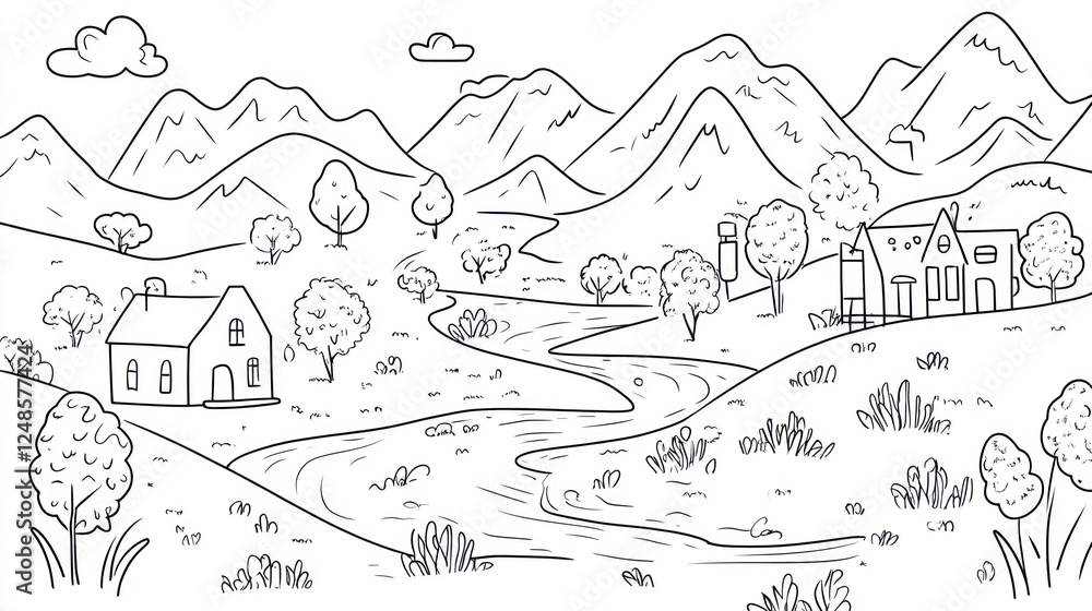 Naklejka premium Serene river valley village, mountain backdrop, coloring page