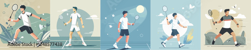 vector set of a young man playing badminton
