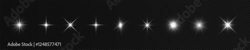 White effect reflections, neon illumination in red colors. Bright light lens. Police light effects, lines. Shiny stars, glowing sparks on a black background. Vector.