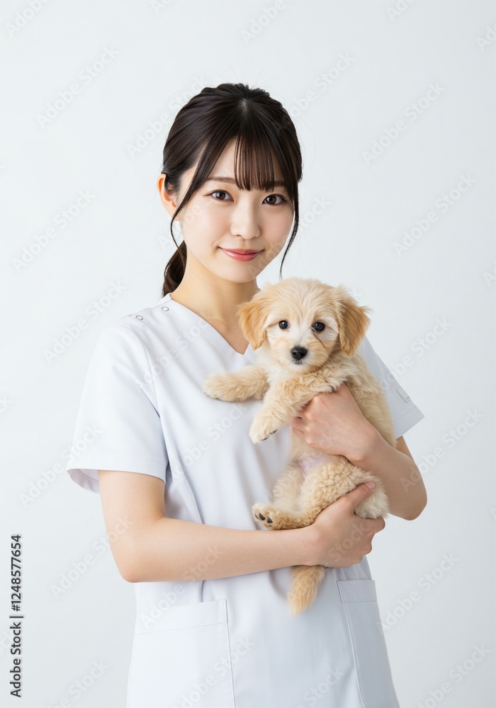 beautiful asian veterinarian is holding a cute puppy. white background. ai generative