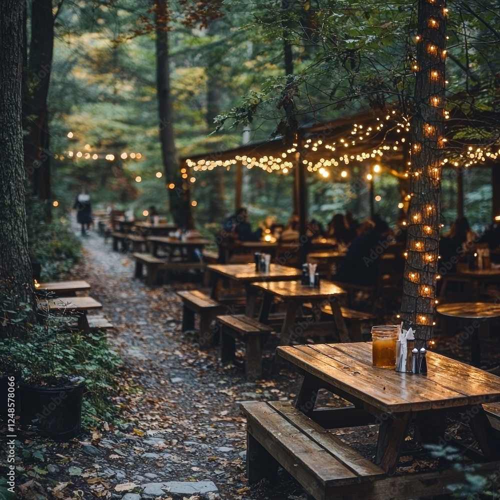 Fototapeta premium Cozy outdoor dining area with wooden tables illuminated by string lights in a forest during autumn, creating a warm atmosphere
