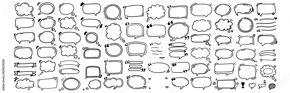 Obraz premium Hand-drawn quote frames and speech bubbles with a doodle-style design. Perfect for comics, conversation templates, messaging, and creative text elements. Ideal for notes, dialogue, feedback, and graph