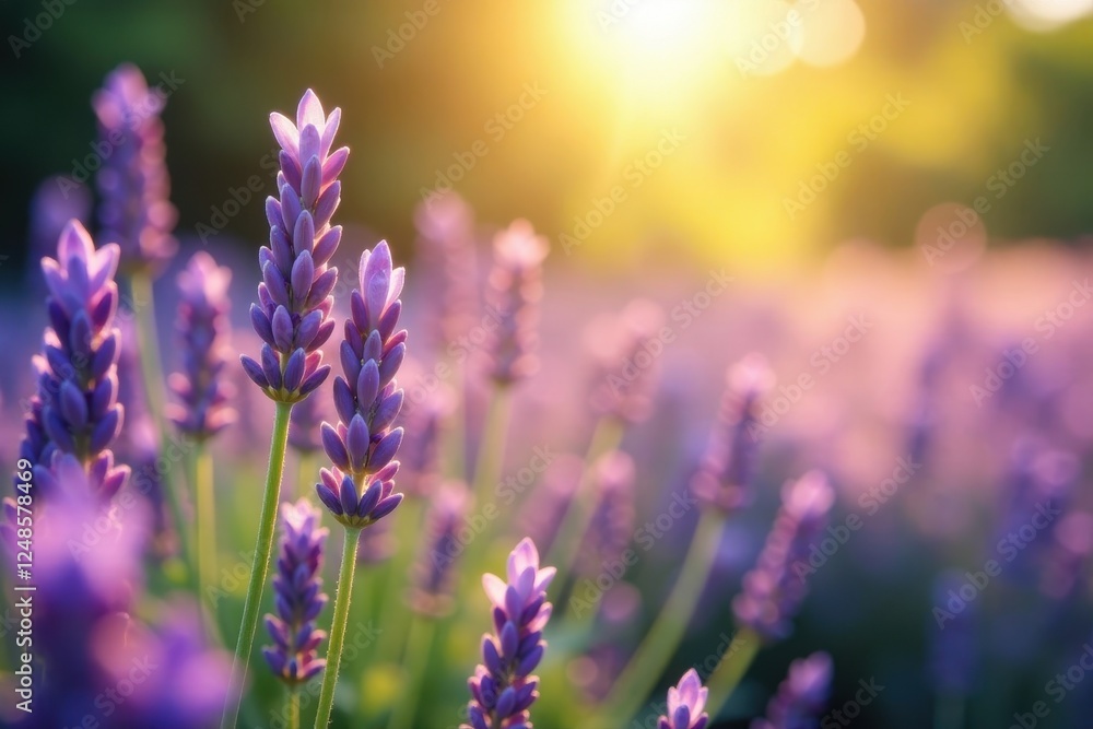 Obraz premium Gentle lavender particles illuminated by sunlight, peaceful atmosphere, soft focus, sunlight illumination