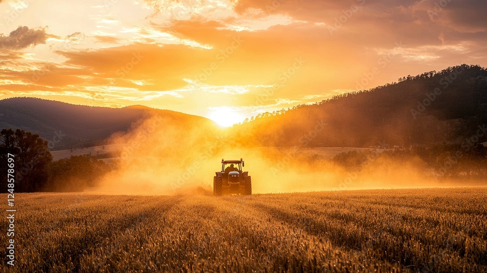 Fototapeta premium Majestic Sunset over a Golden Wheat Field with a Tractor, Painting a Serene Rural Landscape