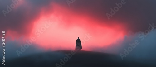 a cloaked figure stands against a dramatic sky