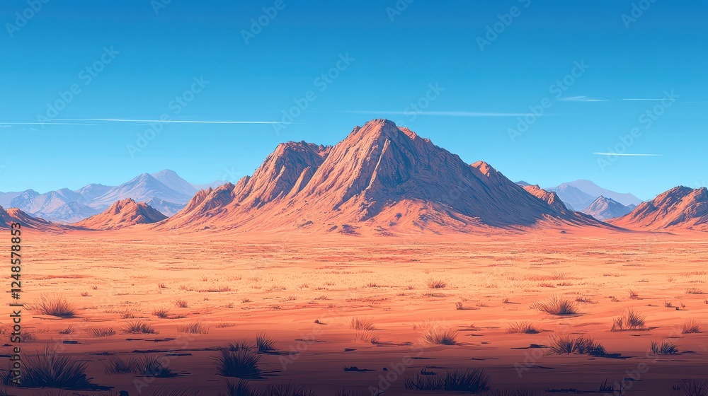 Naklejka premium Desert mountain landscape, sunset, vast plains, background sky, panoramic view, wallpaper