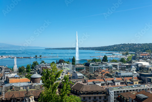 Aerial view of the city, the Jet d'Eau and the lake of Geneva (lac Léman) in summer, Switzerland