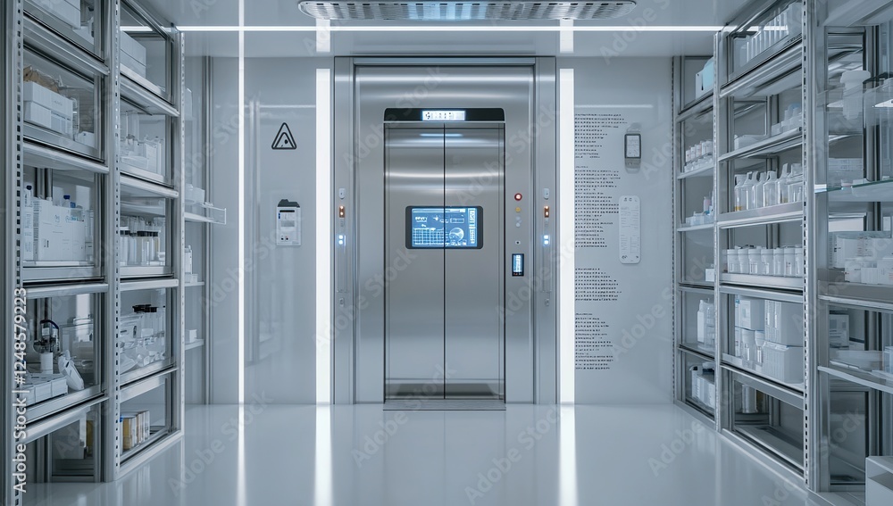 Modern Facility: Automated Storage and Retrieval System with Advanced Elevator Technology in a Cleanroom Setting Modern Facility: Automated Storage and Retrieval System with Advanced Elevator Technology in a Cleanroom Setting