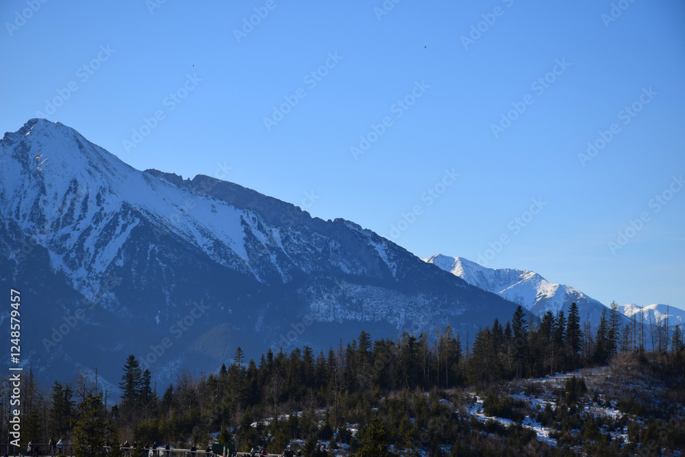 Tatra Mountains, with snow-capped peaks, rise against a clear blue sky, creating a breathtaking and awe-inspiring winter scene. Rugged terrain and steep slopes, untouched natural beauty. Tatra Mountains, with snow-capped peaks, rise against a clear blue sky, creating a breathtaking and awe-inspiring winter scene. Rugged terrain and steep slopes, untouched natural beauty.