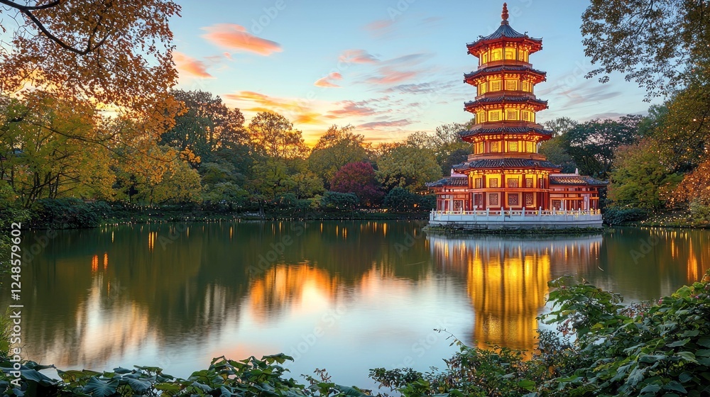 Naklejka premium Illuminated Pagoda on a Calm Lake at Sunset: A Serene Autumn Landscape