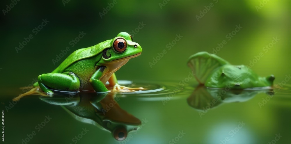 Green frog observing its image in still pond water, macro, wildlife photography Green frog observing its image in still pond water, macro, wildlife photography