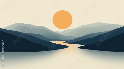 Minimalist Landscape with Sun and River