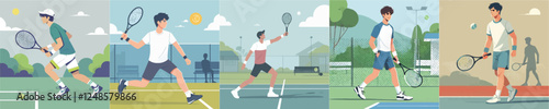 vector set of a young man playing tennis