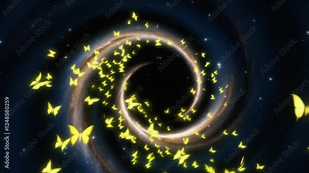 Bright yellow butterflies dance around a cosmic vortex, creating a stunning display of color and movement against a dark backdrop, inviting viewers to explore the universe's mysteries Bright yellow butterflies dance around a cosmic vortex, creating a stunning display of color and movement against a dark backdrop, inviting viewers to explore the universe's mysteries