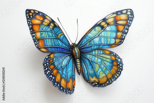 a vibrant monarch butterfly mid-flight, wings spread wide displaying intricate iridescent patterns of turquoise and gold, captured against pure white, photorealistic detail