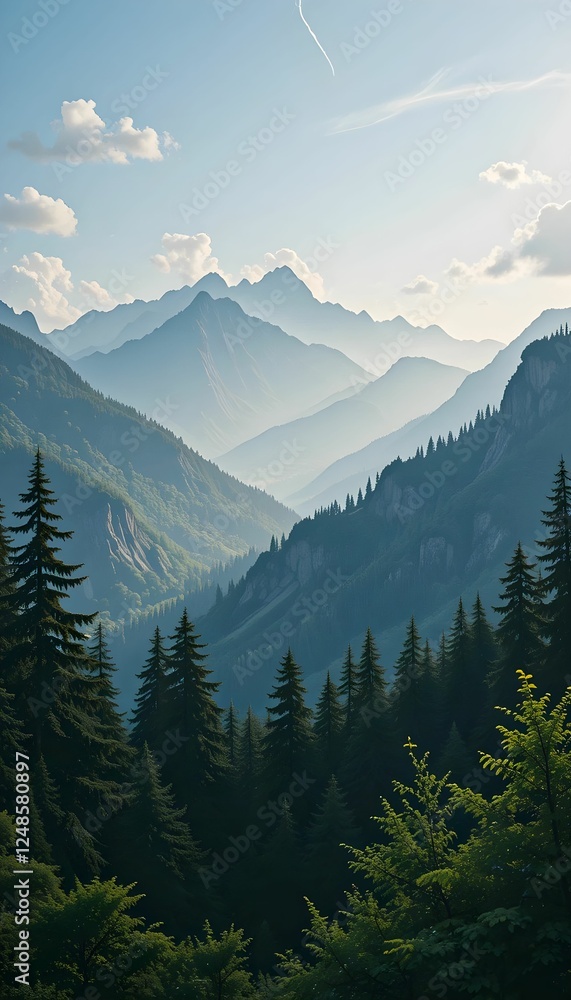 Obraz premium Layered Mountain Landscape: Misty Blue Peaks with Lush Green Forest, Tranquil and Scenic Nature Background with Atmospheric Perspective