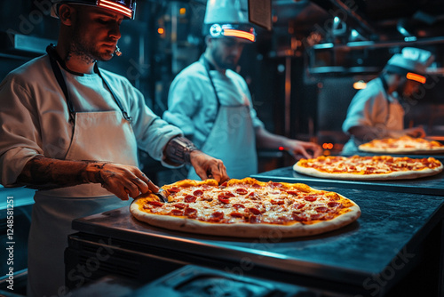 Chef men make pizza, pizzeria, cyberpunk style photo