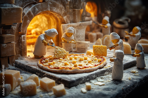 Ultra small cheese men make pizza, pizzeria photo